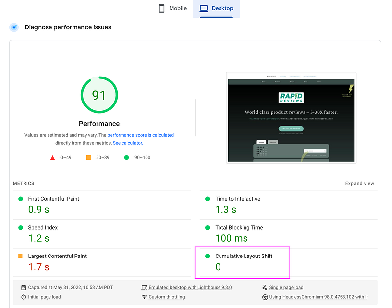 Rapid Reviews CLS to 0: Desktop — After