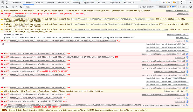Nike.com console errors and messages on Jan 9, 2023