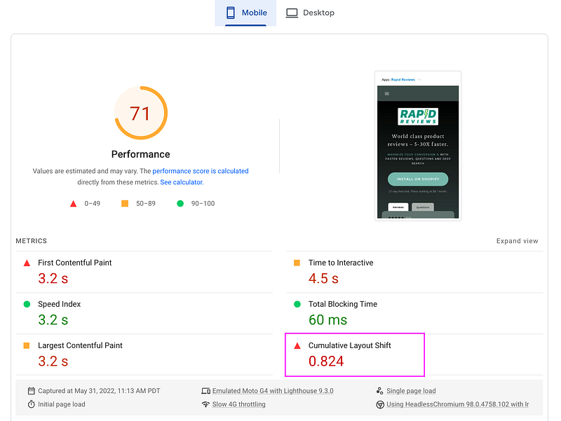 Rapid Reviews CLS to 0: Mobile — Before
