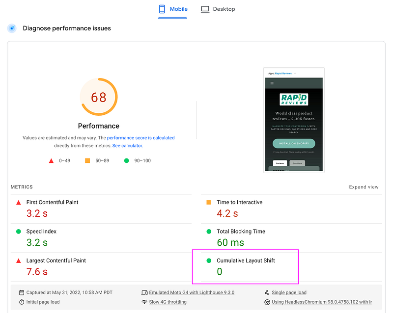 Rapid Reviews CLS to 0: Mobile — After