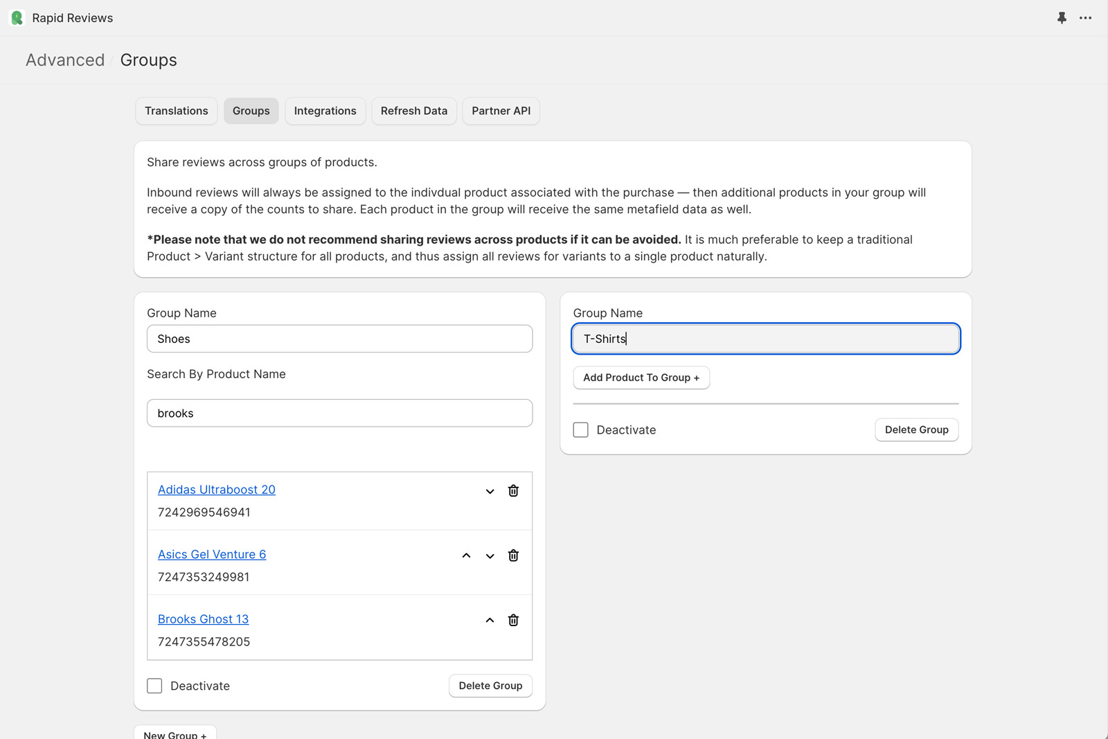 Shopify App Admin - Groups