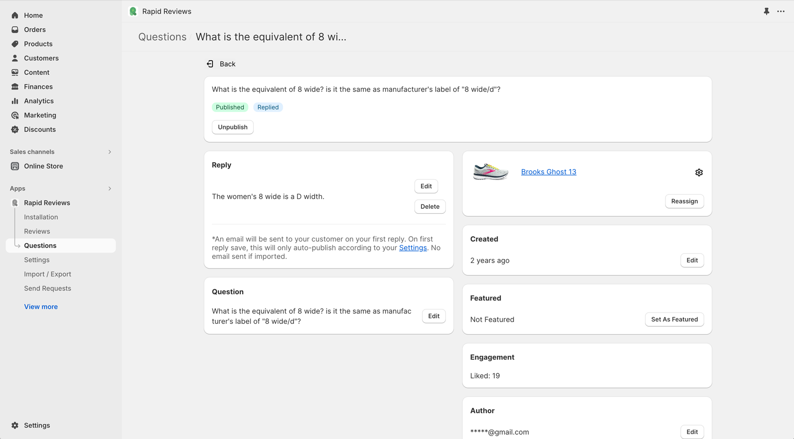 Shopify Product Questions and Answers Admin Detail