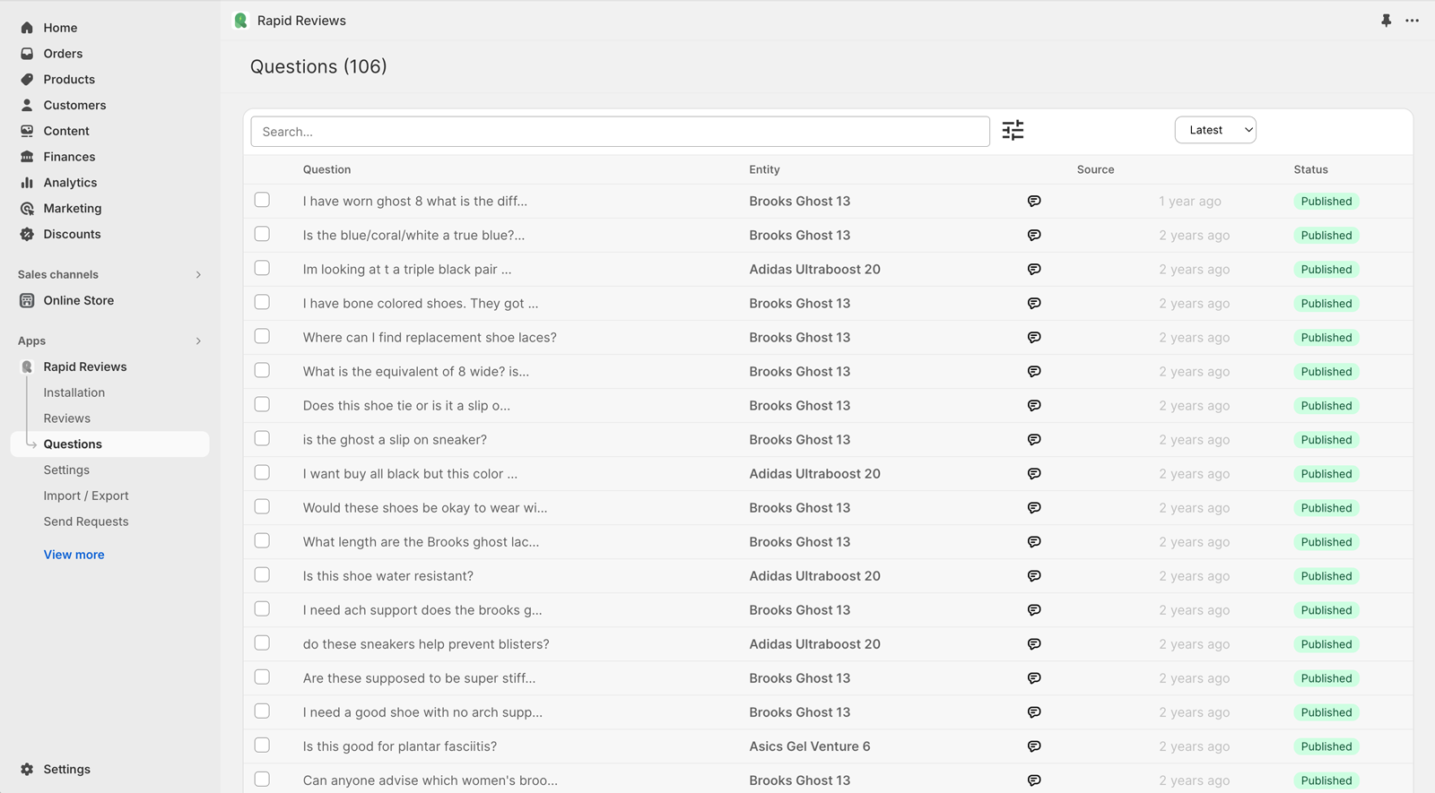 Shopify Product Questions and Answers Admin List