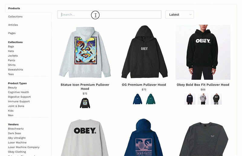 Shopify Search Collection Filtering App Live Search Results Desktop